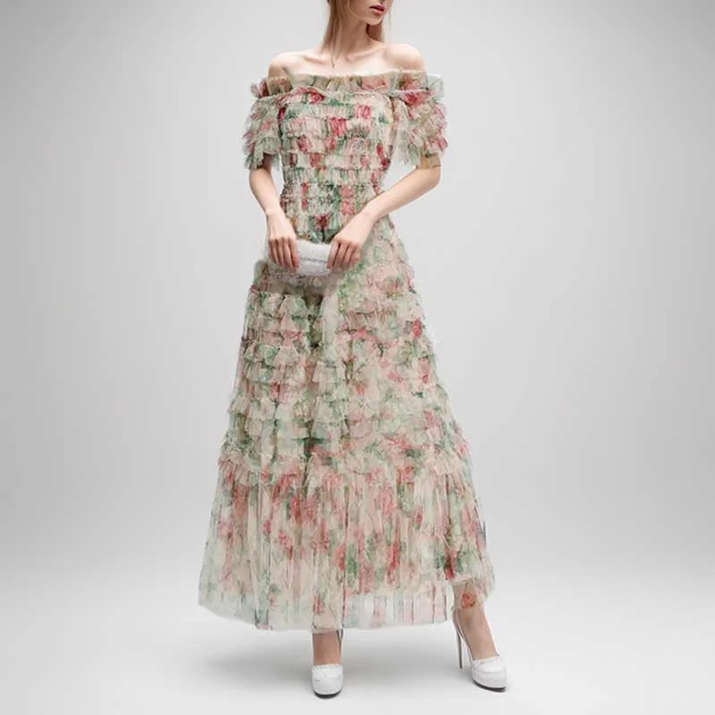 Womens Off The Shoulder Tulle Maxi Dress Chic Party Floral Event Dress Trendy Maxi Dress with Lace Womens Off The Shoulder Tulle Maxi Dress Chic Party Floral Event Dress Trendy Maxi Dress with Lace