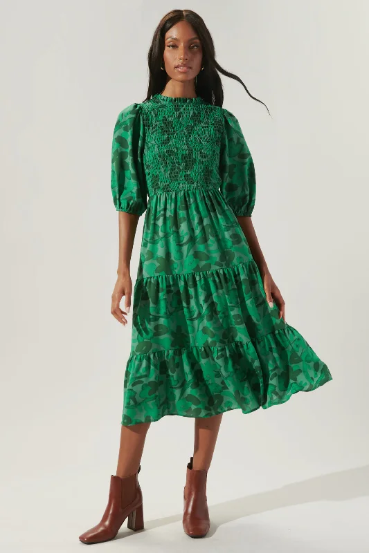 Yeraldi Floral Frazier Smocked Tiered Midi Dress Comfortable Denim Midi Dress