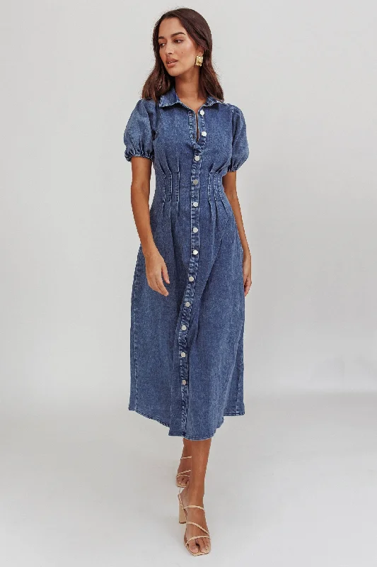 Zurich Pleated Waist Midi Dress Denim Dark Blue Chic Bohemian Midi Dress