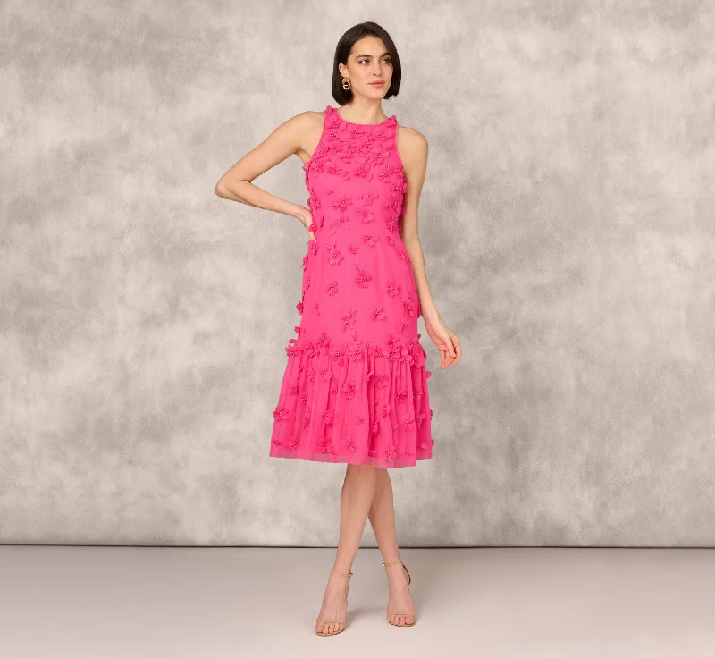 3D Floral And Bead Embellished Midi Dress With Flounce Skirt In Electric Pink Comfortable Denim Midi Dress