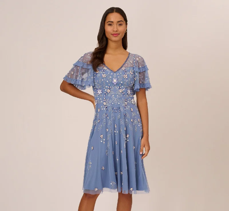 Beaded Midi Dress With Sheer Ruffled Sleeves In French Blue Fashionable High-Low Midi Dress