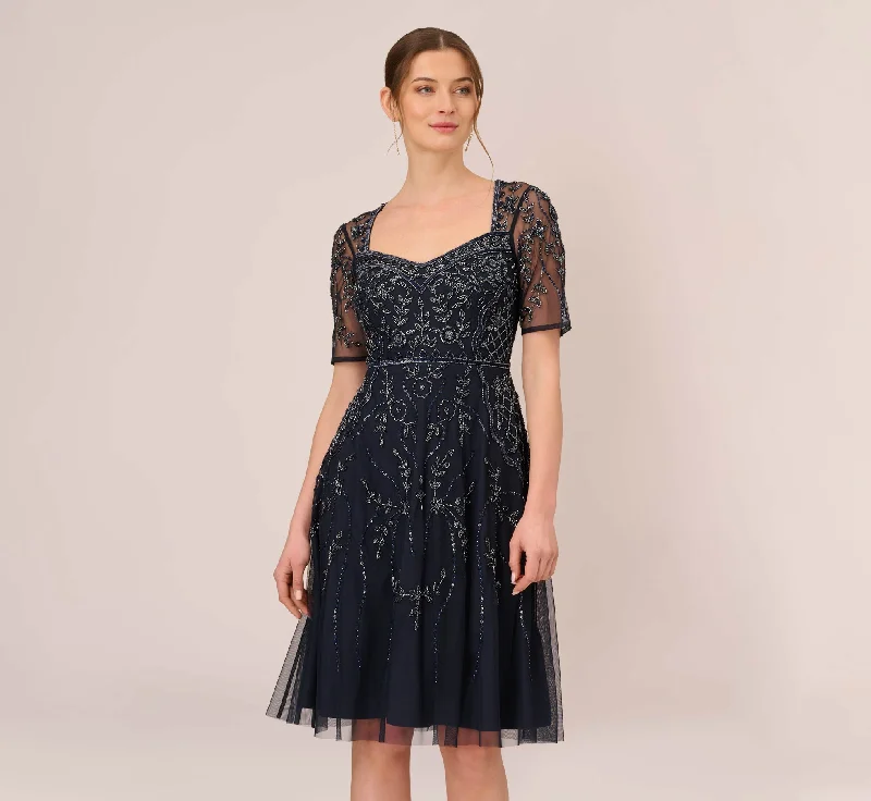 Beaded Midi Dress With Sheer Short Sleeves In Midnight Trendy Off-Shoulder Ruffle Midi Dress