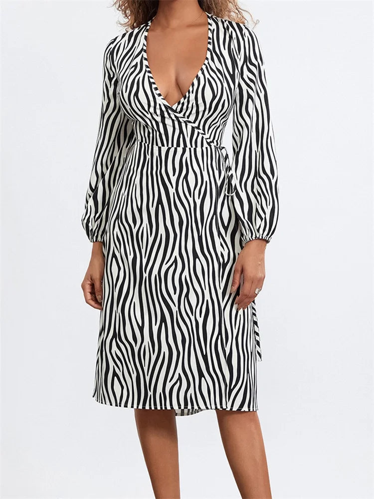 Long Sleeve V-Neck Zebra Striped Print Tie-Up Casual Midi Dress Stylish Animal Print Midi Dress