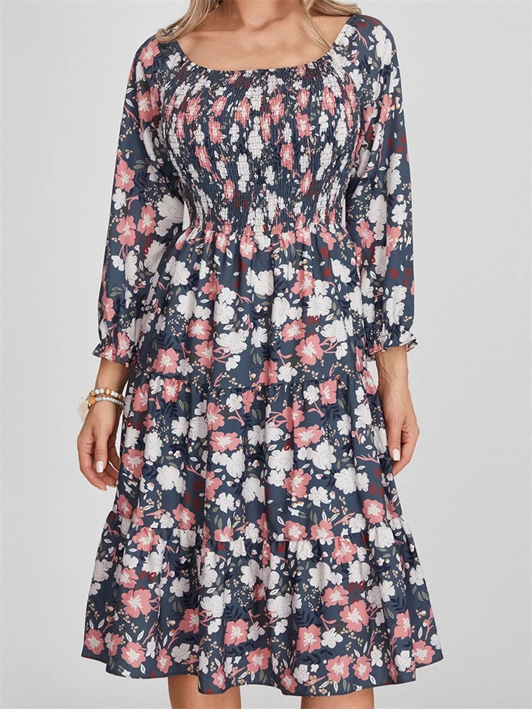 Vintage Bohemian Floral Print Long Sleeve High Waist A-Line Midi Dress Chic Floral Print Midi Dress