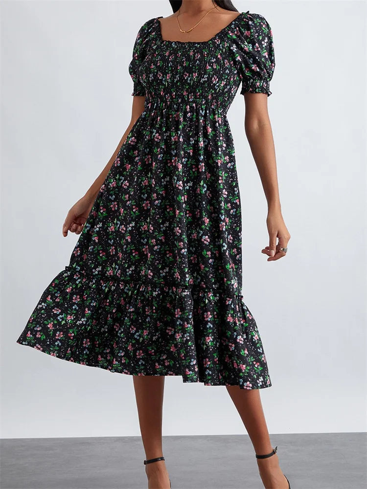 Retro Summer Floral Print Square Neck Short Puff Sleeve Ruched Midi Dress Chic Off-Shoulder Midi Dress