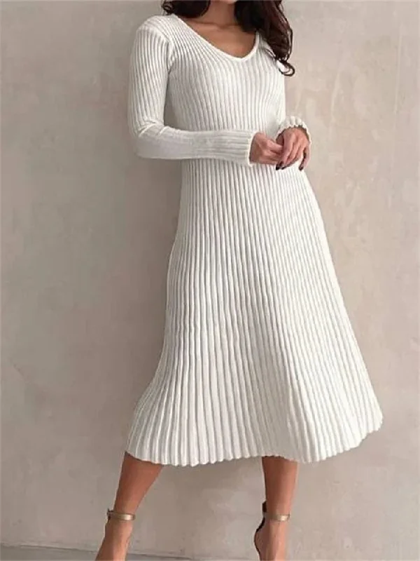 Knitted Ribbed Long Sleeve Slim Fit Solid Autumn Mid Midi Dress Elegant Faux Wrap Midi Dress