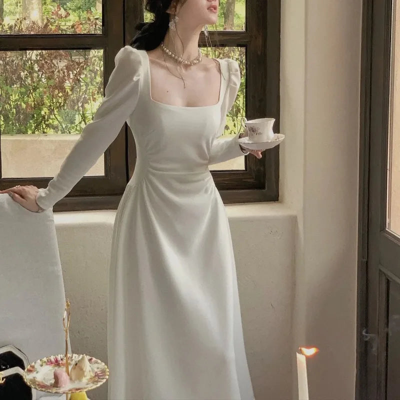 2024 Spring Elegant Square Collar Black White Midi Dress Comfortable Knitwear Midi Dress