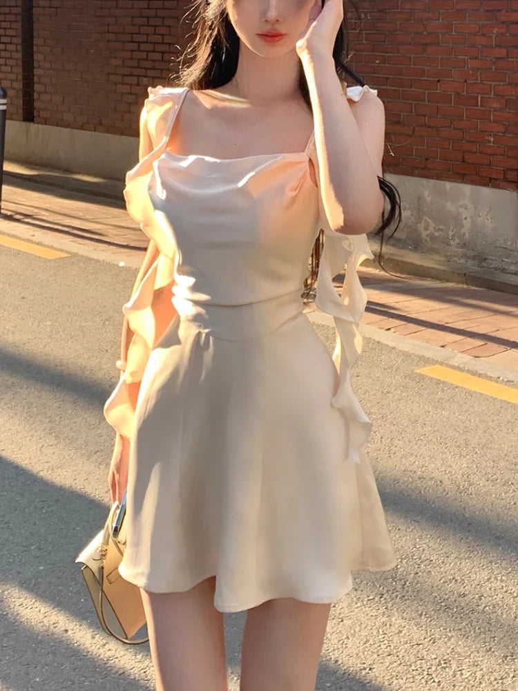 2024 Korean Spaghetti Strap Vintage Fairy Sweet Midi Dress Elegant Satin Slip Midi Dress