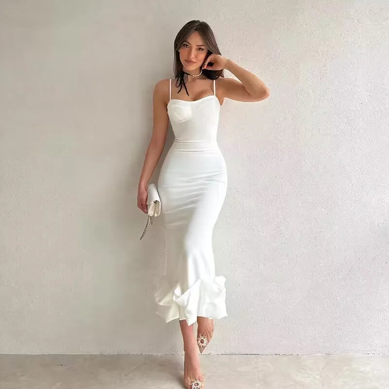 2024 Summer Sexy Sleeveless Backless Elegant Midi Dress Elegant Pleated Detail Midi Dress