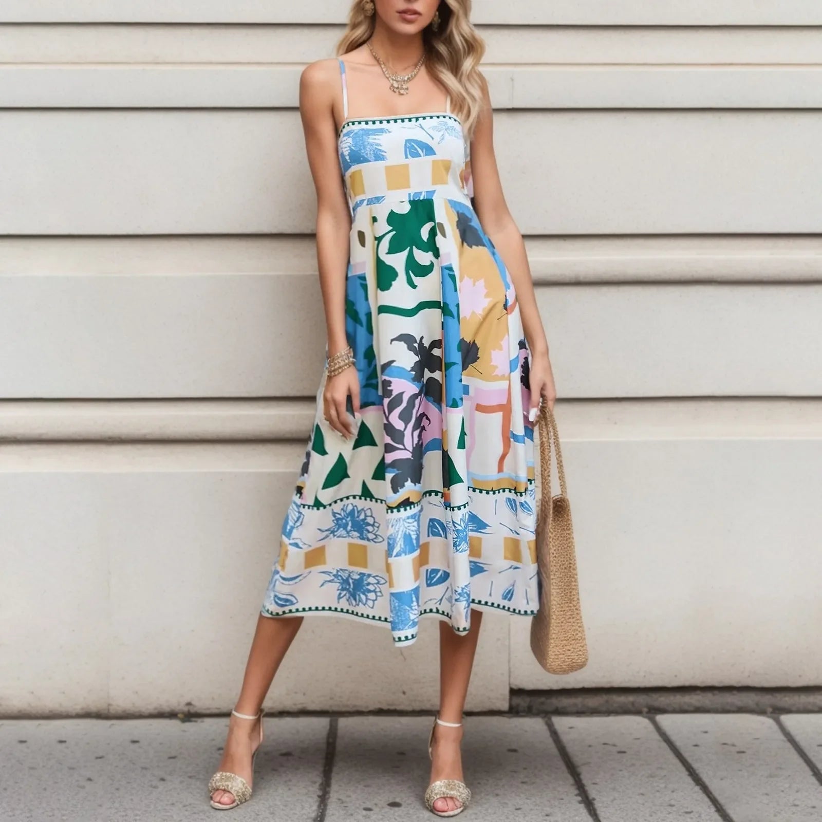 2024 Sexy Boho Floral Printed High Waist A-Line Swing Midi Dress Fashionable A-Line Midi Dress