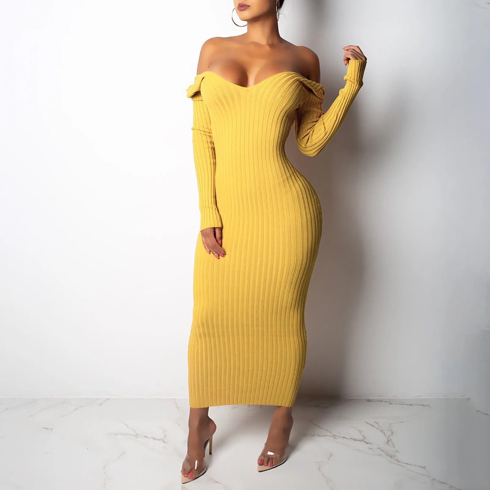 2024 Sexy Deep V Neck Off Shoulder Rib Knit Midi Dress Fashionable Wide Leg Midi Dress