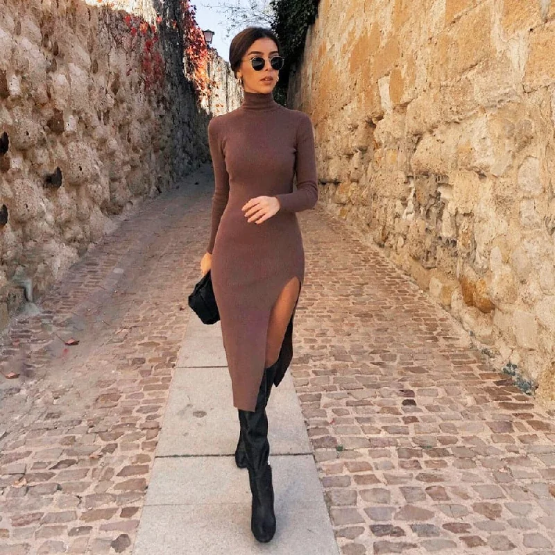 Women Long Sleeves High-Neck Elastic Midi Dress Stylish Midi Dress with Cuffs