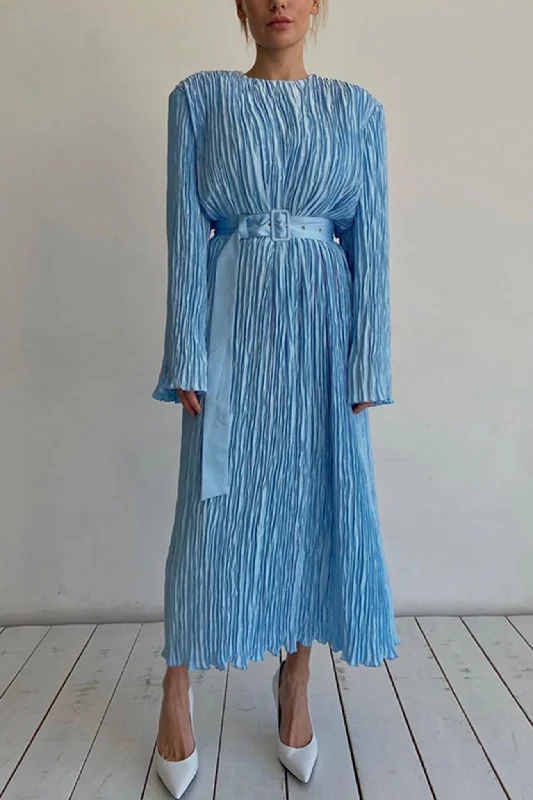 TastyHottie - Blue Belt Waisted Pleated Midi Dress Chic Bohemian Midi Dress