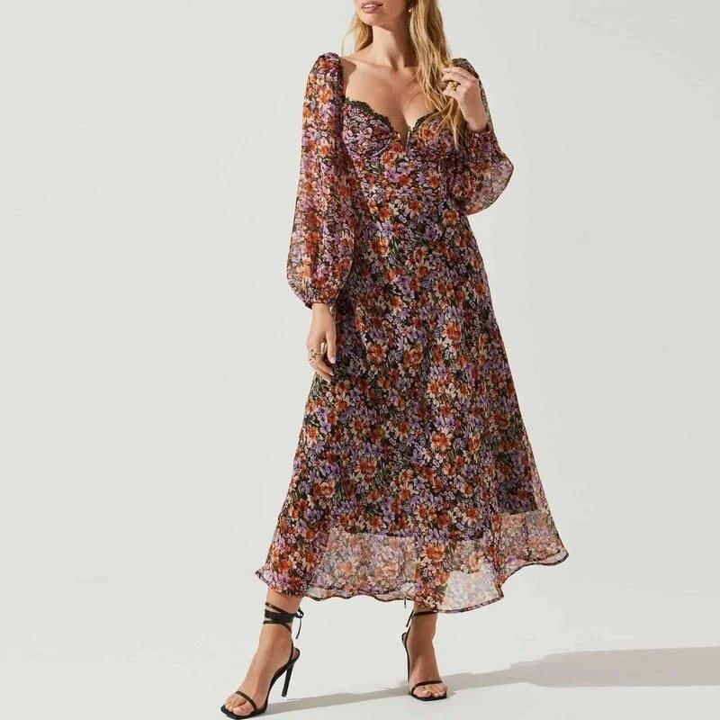 Boho Chic Floral Midi Dress - Sweetheart Neckline, Long Puff Sleeves, Elegant Lace Detail Fashionable One-Shoulder Midi Dress