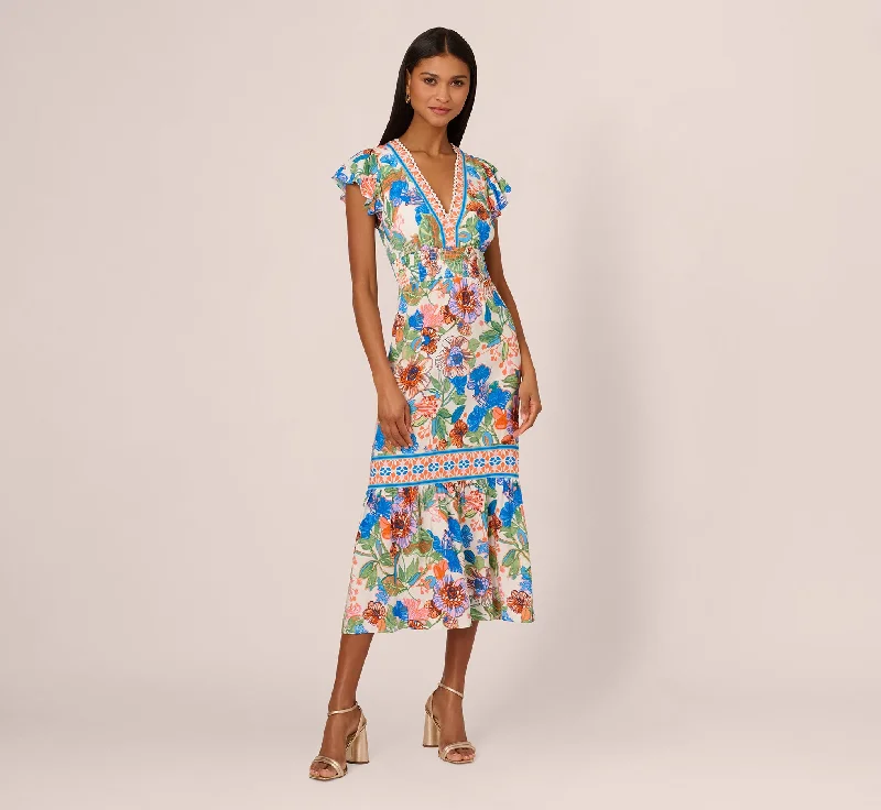 Bright Floral Print Midi Dress With Flutter Sleeves In Blue-Green Multi Stylish Animal Print Midi Dress