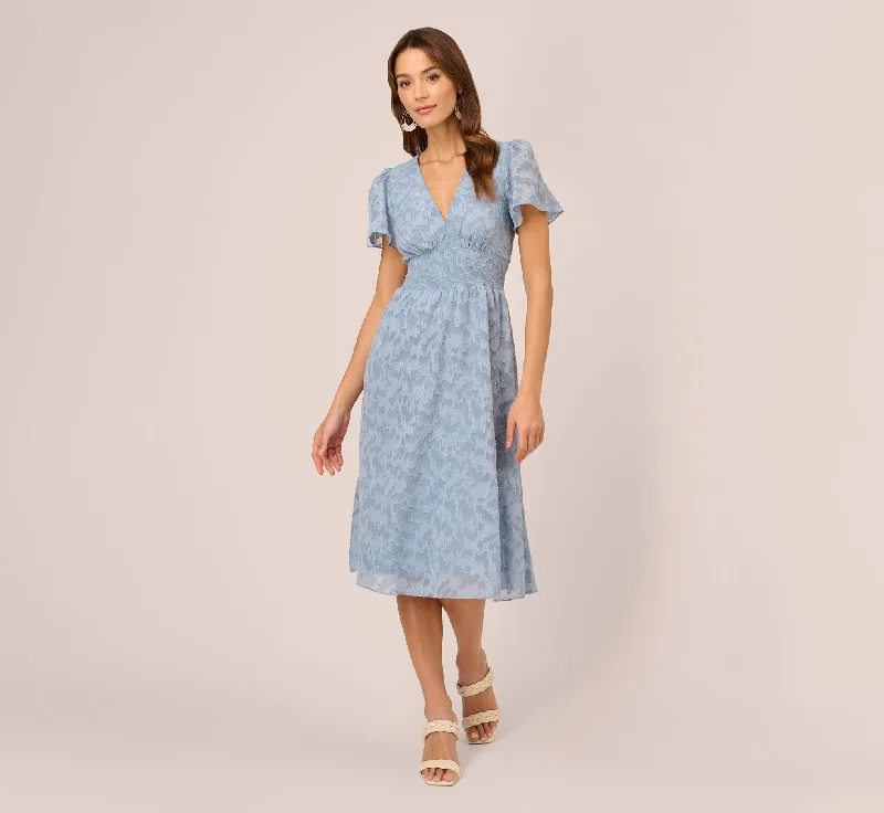 Burnout Smocked Midi Dress With Short Sleeves In Dusty Blue Trendy Shift Midi Dress