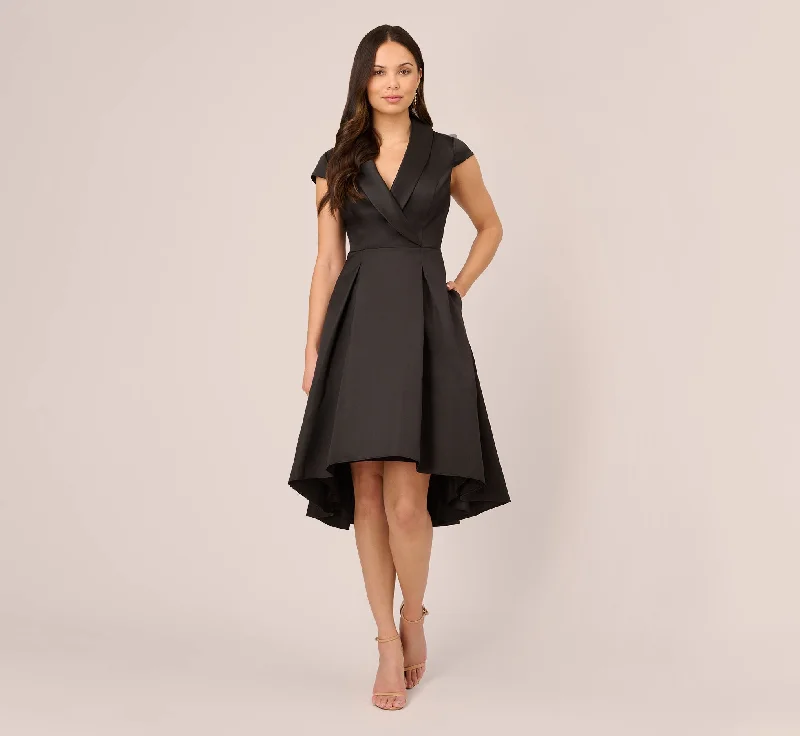 Cap Sleeve Mikado Midi Dress With High Low Skirt In Black Comfortable Ribbed Midi Dress