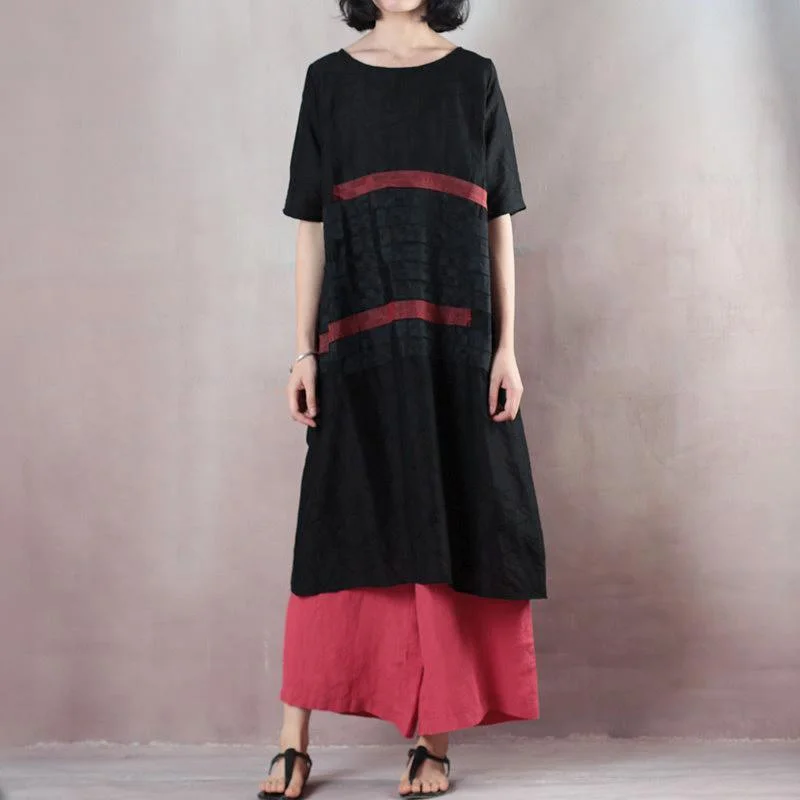 Summer Round Neck Patch Work Stripe Black Dress