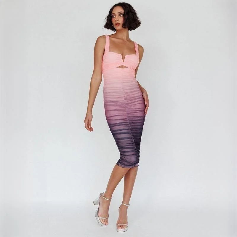 Chic Gradient Mesh Backless Bodycon Midi Dress Elegant Pleated Detail Midi Dress