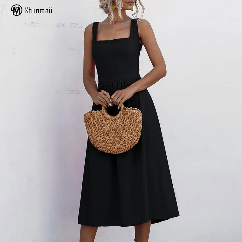 Chic High Waist Sleeveless Midi Dress Fashionable High-Neck Midi Dress