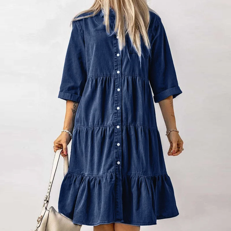 Classic Blue Denim Midi Dress Trendy Tiered Hem Midi Dress