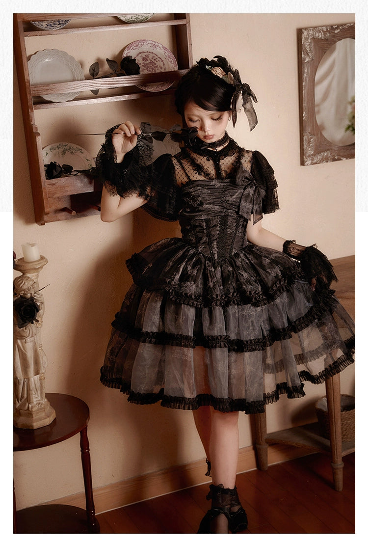 With PUJI~Butterfly Dream SP~Classic Lolita JSK Dress Fishbone Black Dress