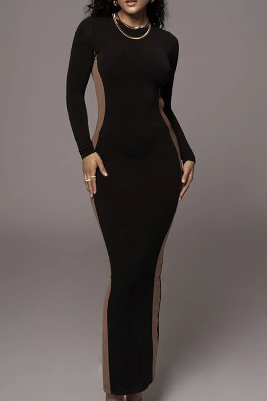 TastyHottie - Contrast Crew Neck Long Sleeve Slit Midi Dress Comfortable Wrap Midi Dress