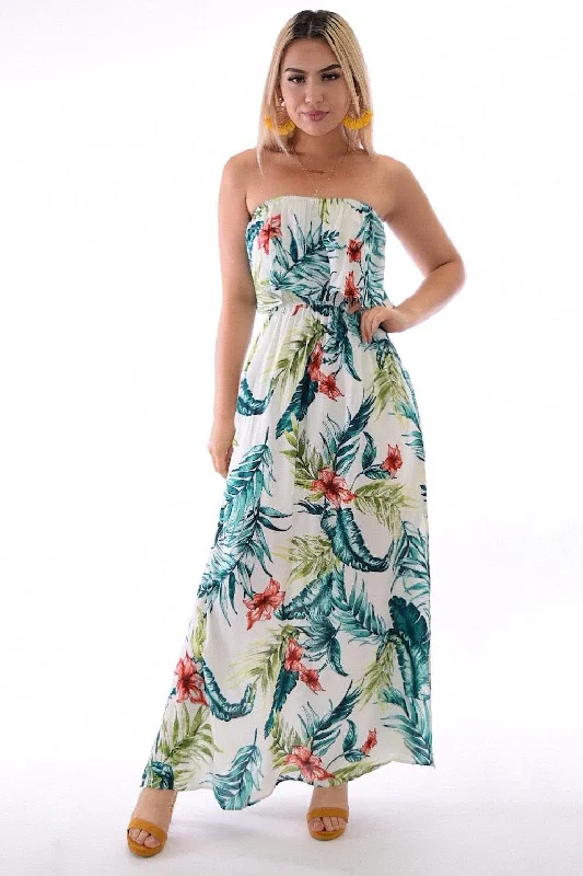 Samba, tropical print off white dress with slit on sides