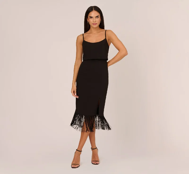 Crepe Popover Midi Dress With Fringe Trim In Black Comfortable Draped Midi Dress