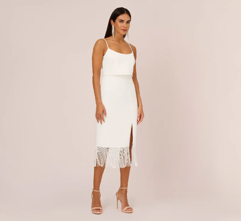 Crepe Popover Midi Dress With Fringe Trim In Ivory Comfortable Casual Midi Dress