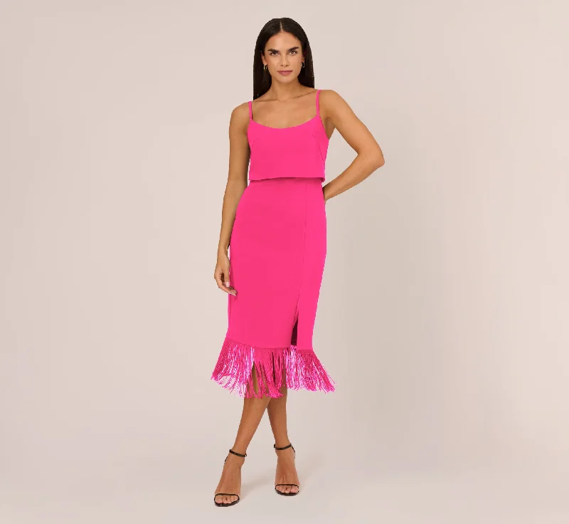 Crepe Popover Midi Dress With Fringe Trim In Lipstick Trendy Off-Shoulder Button Midi Dress