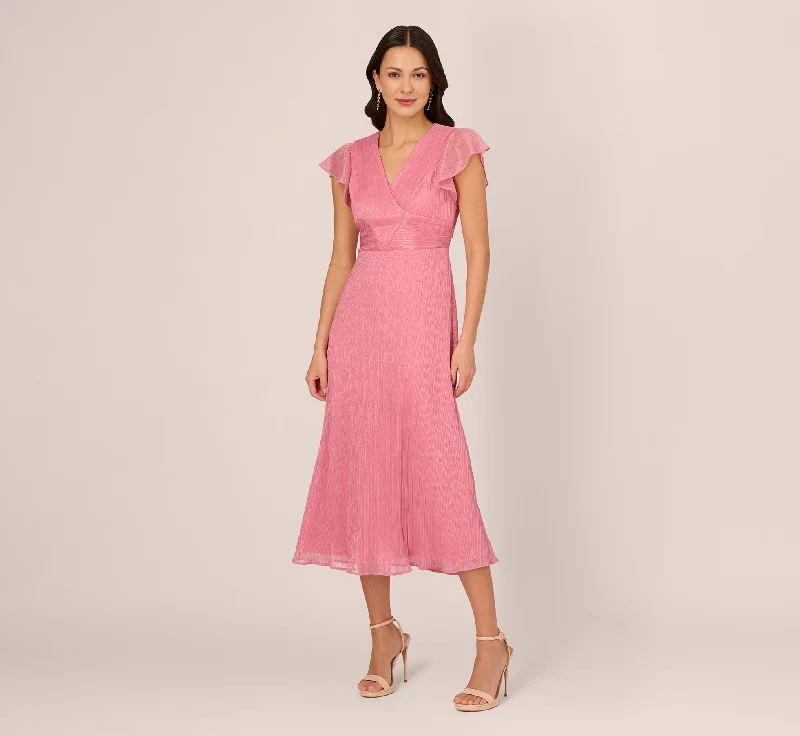 Crinkle Mesh Midi Dress With Flutter Sleeves In Faded Rose Fashionable Sheer Sleeve Midi Dress