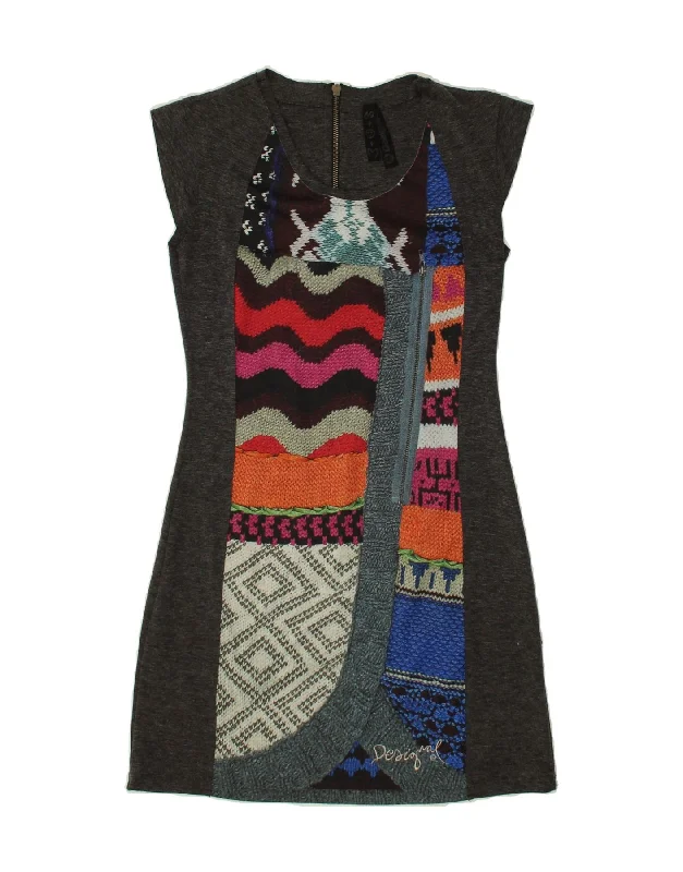 DESIGUAL Womens Graphic Sheath Dress UK 6 XS Grey Patchwork