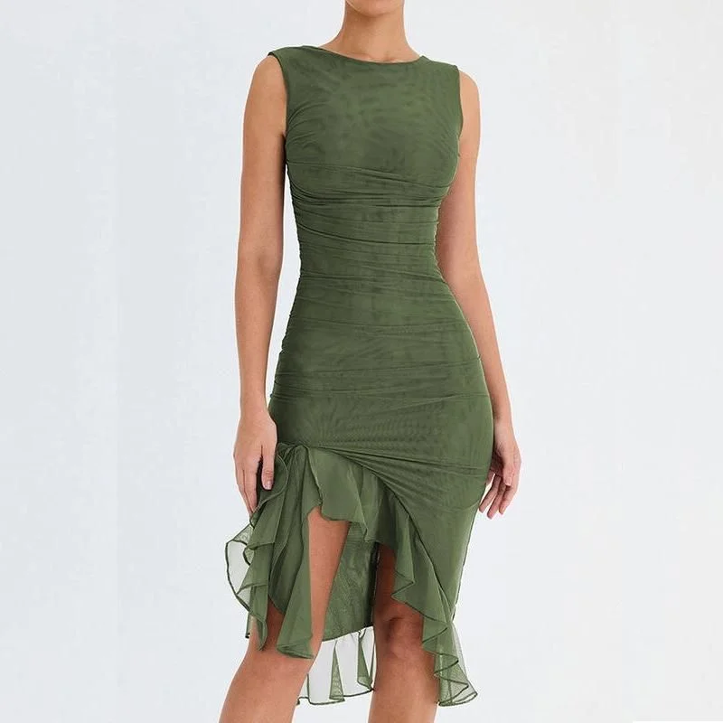 Elegant Backless Ruffle Midi Dress Cozy Midi Dress with Pockets