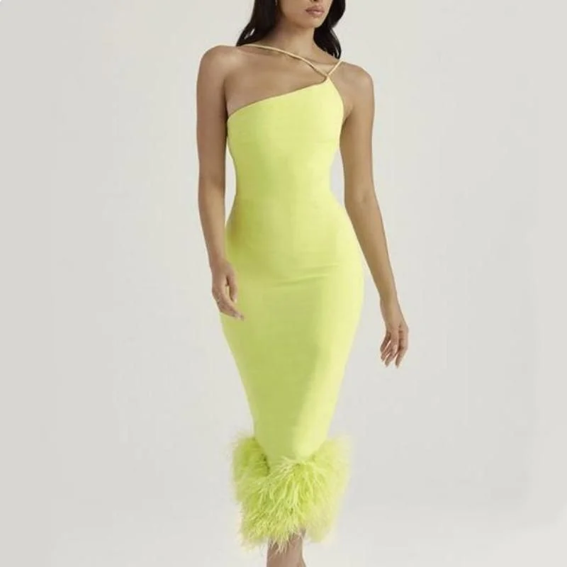 Elegant Feather Midi Dress Fashionable High-Neck Midi Dress