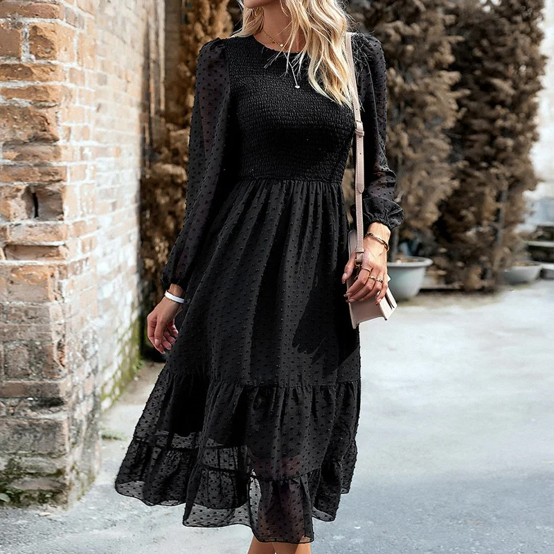 Elegant Jacquard Ruffle Trim Midi Dress Elegant Floral Appliqué Midi Dress