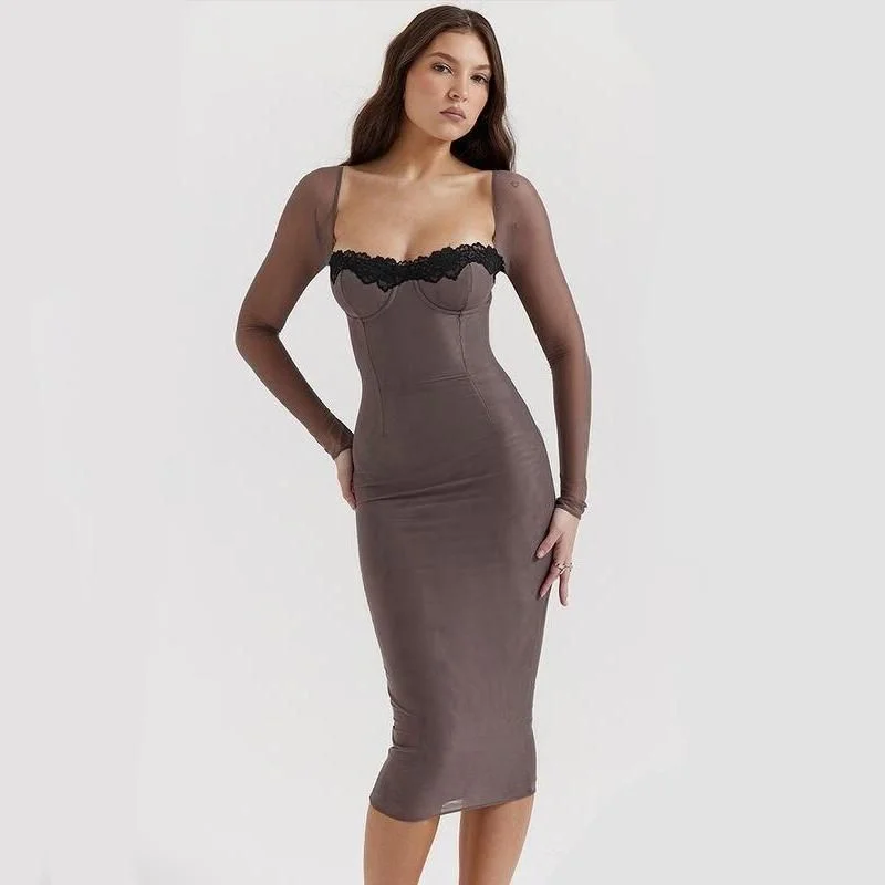 Elegant Lace Side Mesh Bandage Midi Dress Fashionable Fitted Midi Dress