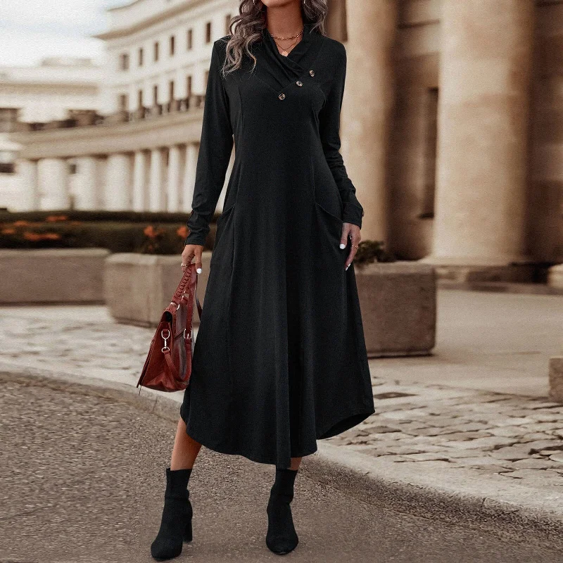 Elegant Lapel Slim Solid Pockets Midi Dress Stylish Midi Dress with Cuffs