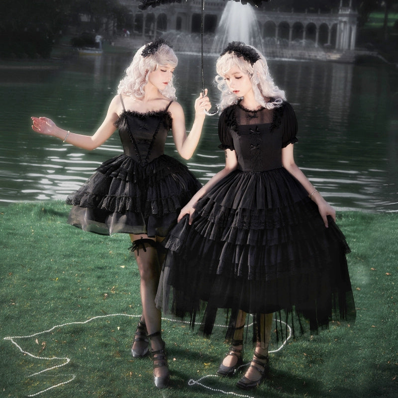 With PUJI~Ivory Tower Enhance~Elegant Lolita JSK Dress Tiered Drawstring OP