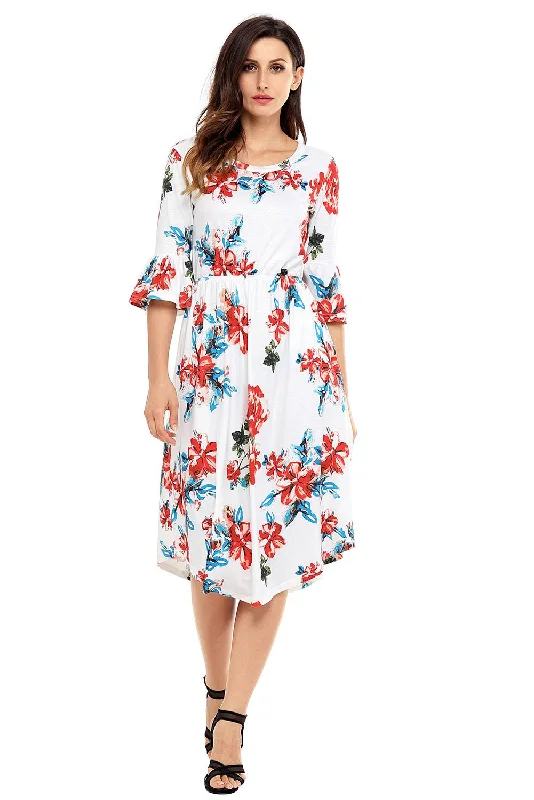 Find Me Floral Print Bell Sleeve Midi Dress Stylish Cold Shoulder Midi Dress