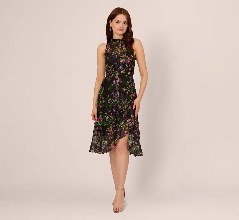 Floral Chiffon Halter Midi Dress With Flounce Hem In Black Multi Comfortable Draped Midi Dress