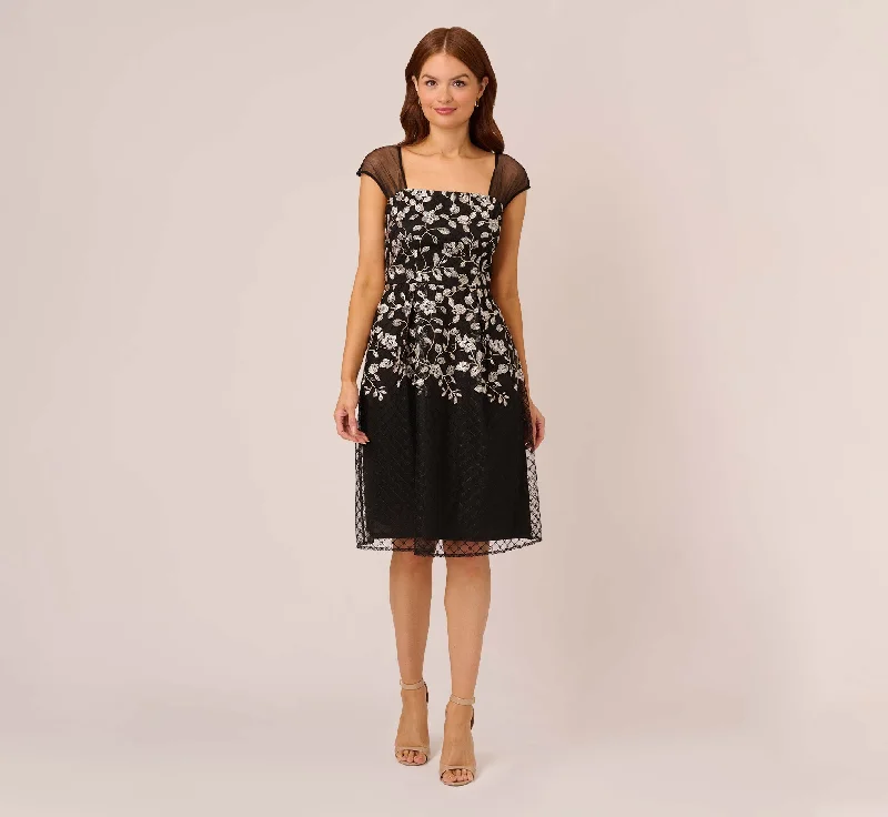 Floral Embroidered Midi Dress With Sheer Cap Sleeves In Black Ivory Cozy A-Line Midi Dress