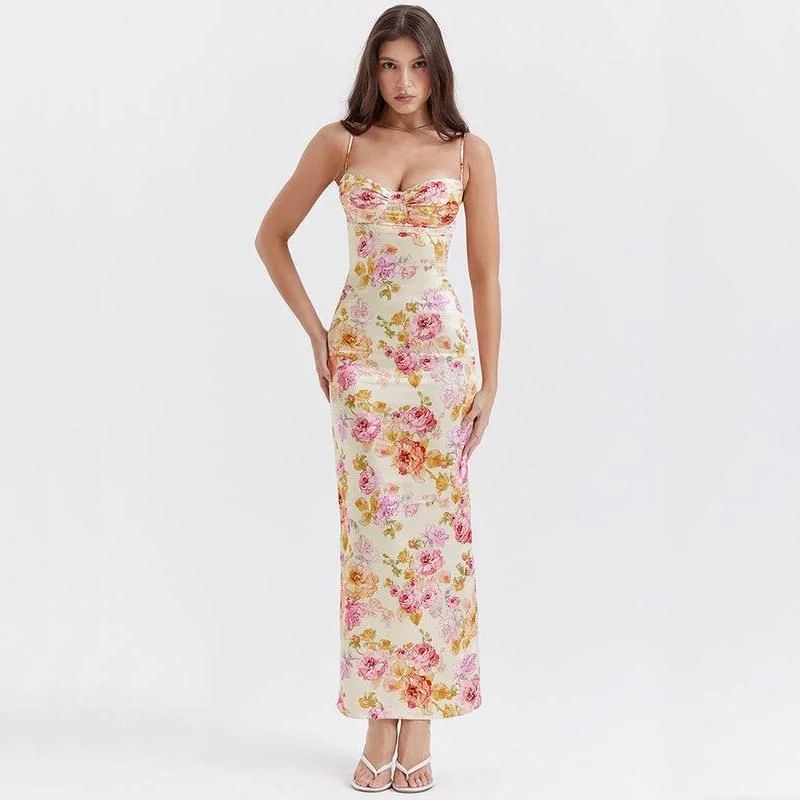 Floral Print Midi Dress with Spaghetti Straps & Backless Design Comfortable Draped Midi Dress