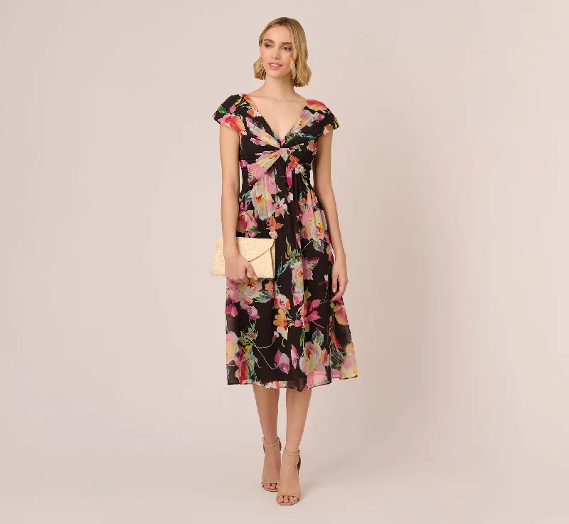 Floral Print Midi Dress With Twist Neckline In Black Multi Cozy Wide Strap Midi Dress