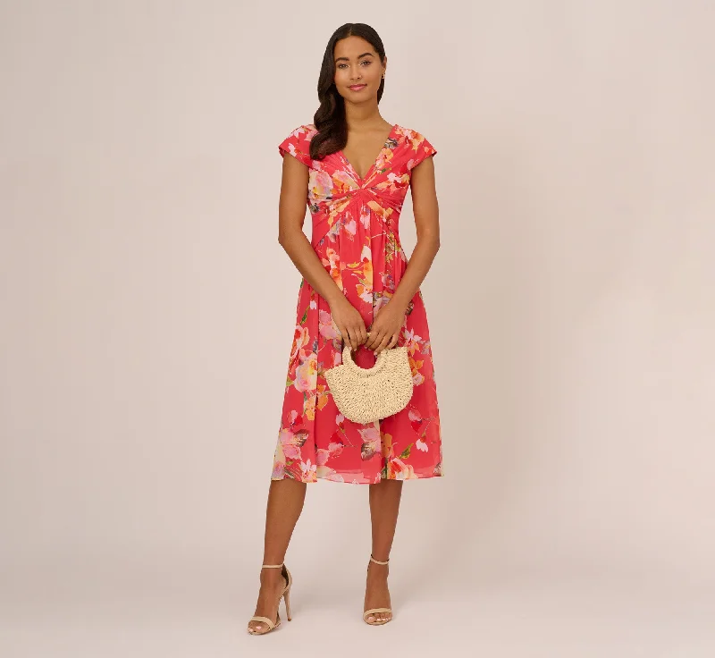 Floral Print Midi Dress With Twist Neckline In Coral Multi Cozy Midi Dress with Pockets