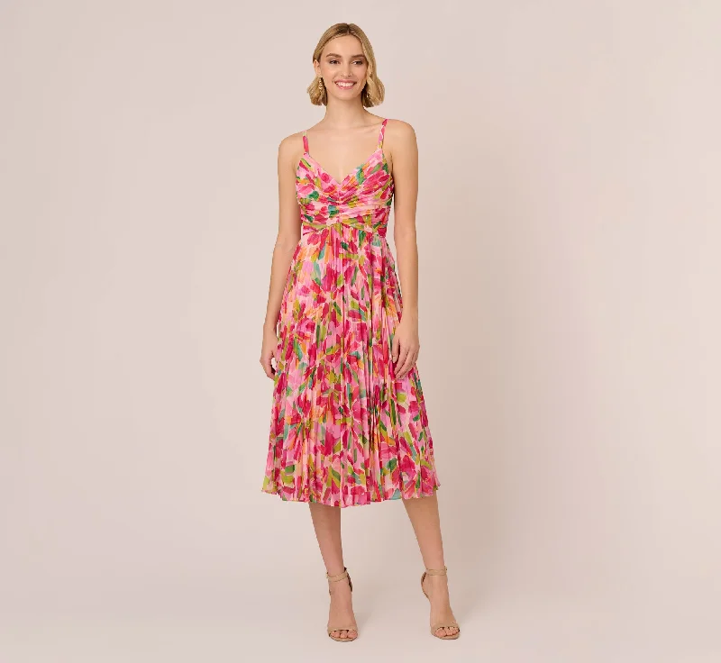 Floral Print Pleated Chiffon Midi Dress In Pink Green Multi Cozy Midi Dress with Pockets