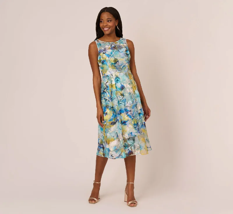 Floral Print Sleeveless Midi Dress With Sheer Neckline In Blue Ivory Multi Stylish Button-Down Midi Dress