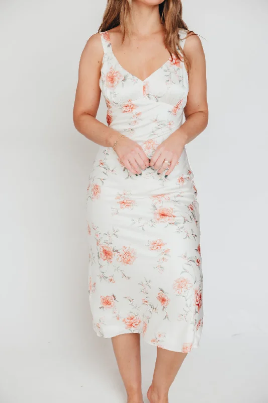 The Felicity Midi Dress in Ivory Floral Elegant Floral Appliqué Midi Dress