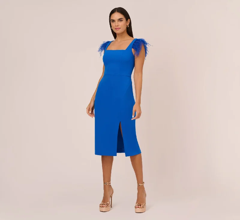 Knit Crepe Midi Dress With Feather Shoulder Accents In Dark Cobalt Trendy Off-Shoulder Ruffle Midi Dress