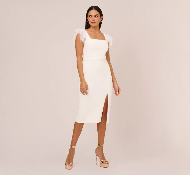 Knit Crepe Midi Dress With Feather Shoulder Accents In Ivory Stylish Vintage Midi Dress